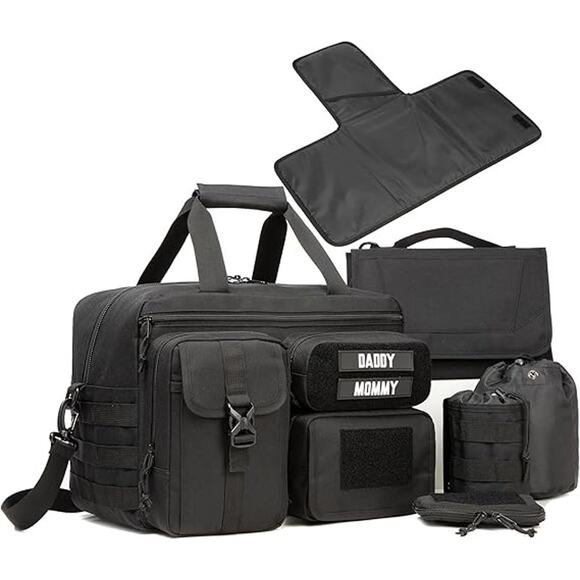 Black Tactical Diaper Bag Set w/ Changing Pad & Pouches NEW - Picture 1 of 6
